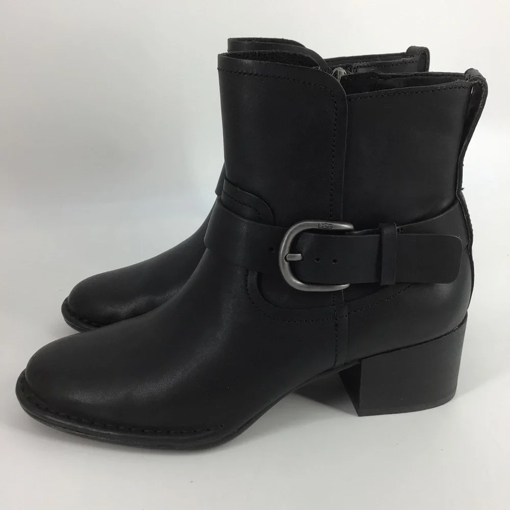 Ugg Atwood Black Leather Ankle Bootie NWT